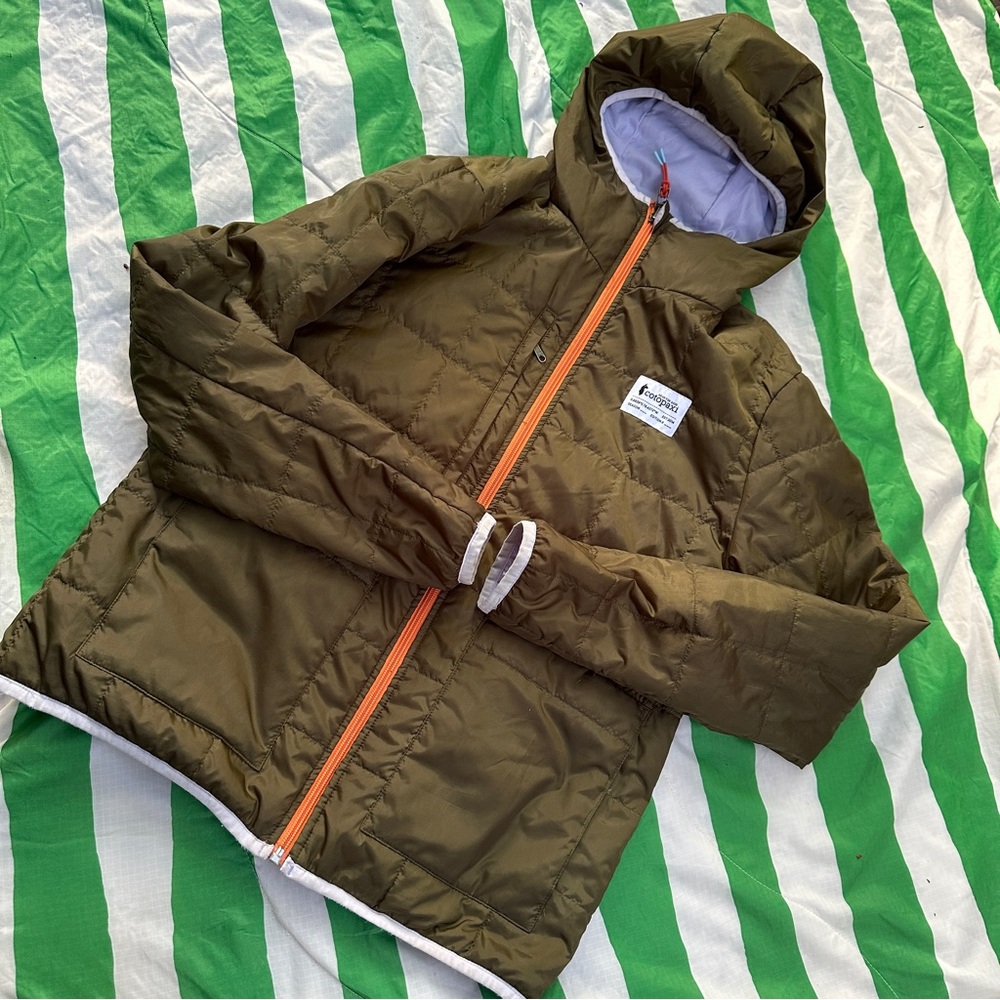 cotopaxi Olive Green Puffer Jacket with Orange Zipper